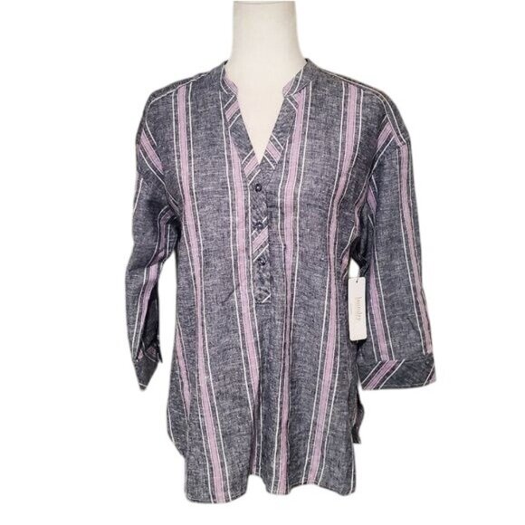 Laundry by shelli segal Linen Blouse Womens Small Blue Striped 3/4 Sleeve Top - Picture 2 of 11